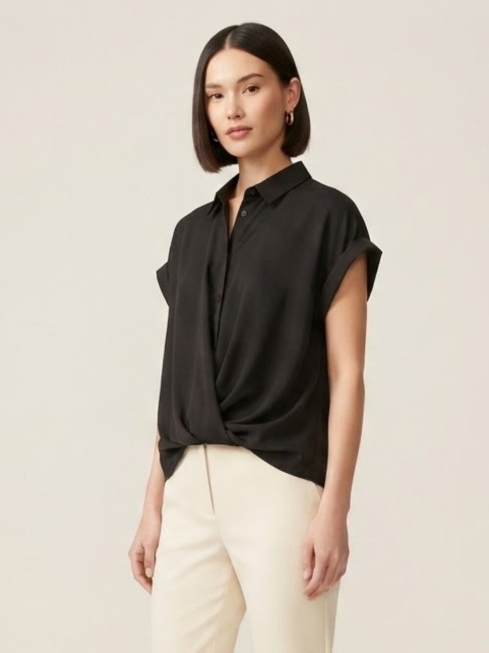 Express Black Button-Up Twisted Front Lyocell Blouse Business Casual Collar Top